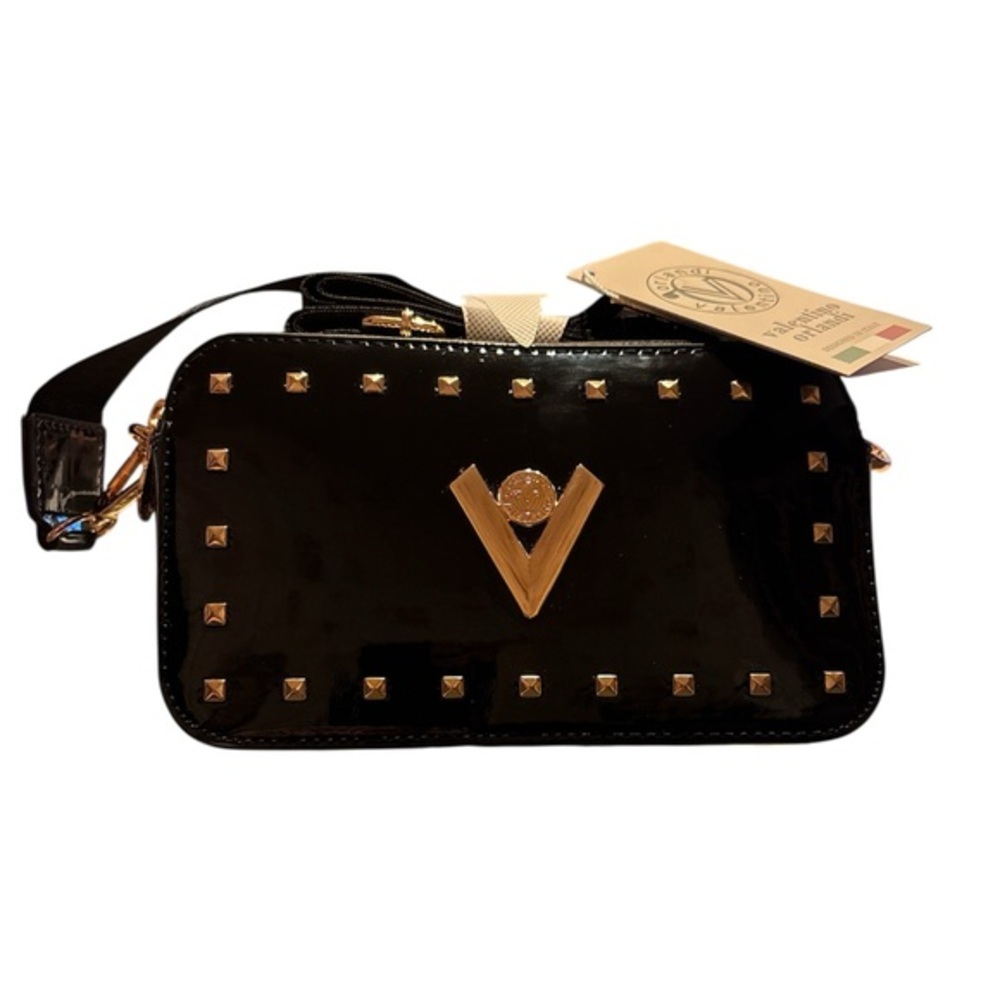 Valentino Orlandi Black Patent Leather Crossbody Camera Bag with Gold Hardware